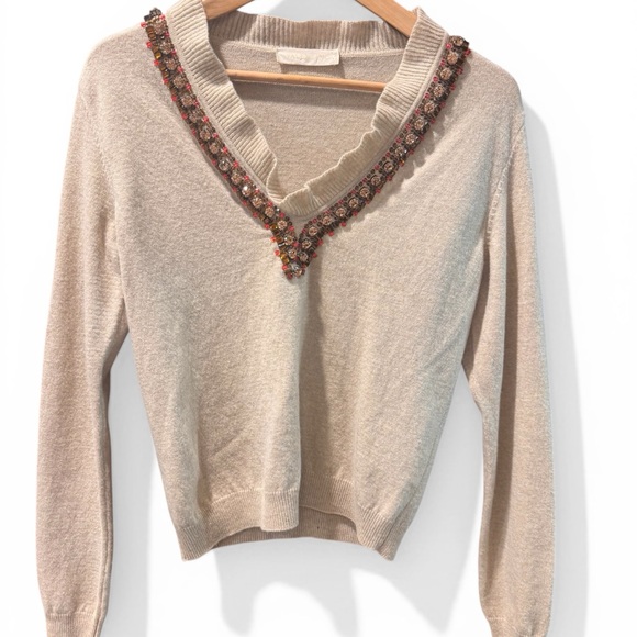 Valentino Beige V-Neck Sweater with Embellished Trim - Picture 2 of 5